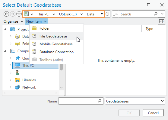 Browse dialog box showing New Item drop-down menu Browse dialog box showing New Item drop-down menu
