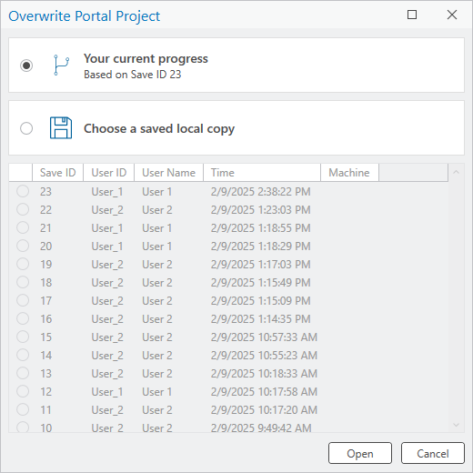 Overwrite Portal Project dialog box with the current progress option selected Overwrite Portal Project dialog box with the current progress option selected