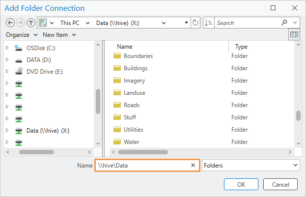 Add Folder Connection dialog box with a UNC path specified Add Folder Connection dialog box with a UNC path specified