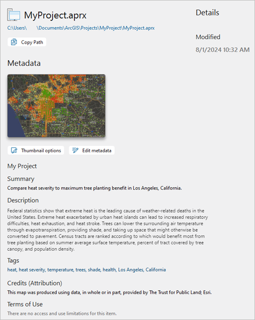 Project metadata and thumbnail image on the Info page Project metadata and thumbnail image on the Info page