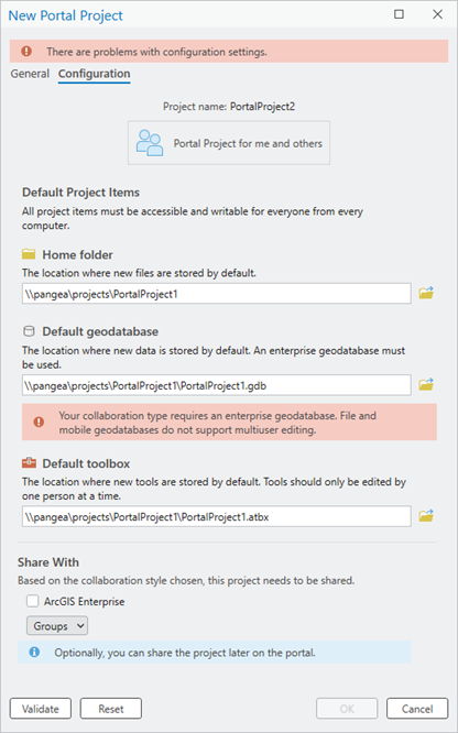 New Portal Project dialog box displaying an error for the default geodatabase setting New Portal Project dialog box displaying an error for the default geodatabase setting