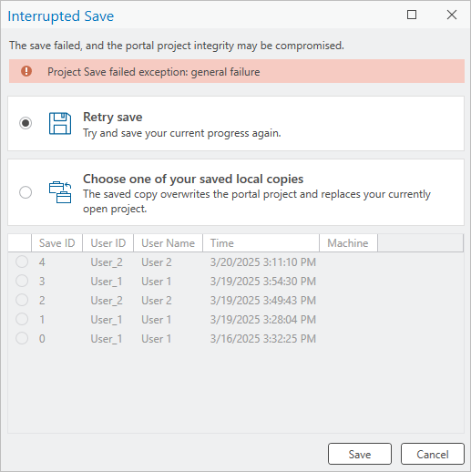 Interrupted Save dialog box with Retry save option selected Interrupted Save dialog box with Retry save option selected