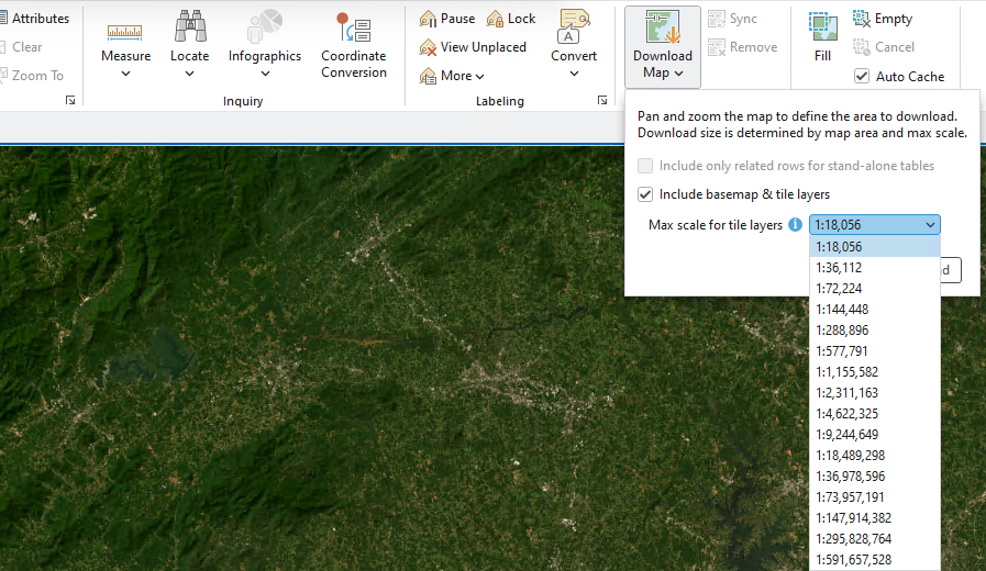 The maximum tile limit is reached at a smaller scale than if you were zoomed in further. The maximum tile limit is reached at a smaller scale than if you were zoomed in further.