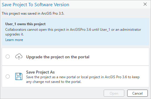 Save Project To Software Version dialog box for the project owner or administrator Save Project To Software Version dialog box for the project owner or administrator
