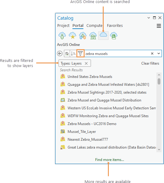 Catalog pane showing search results filtered by item type Catalog pane showing search results filtered by item type