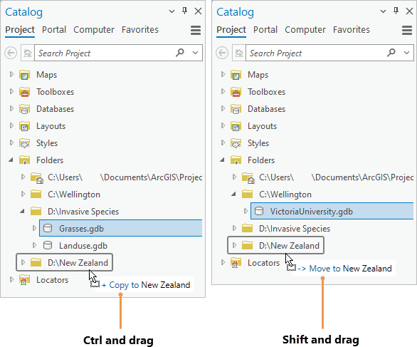 Side-by-side examples of a geodatabase being copied and moved by dragging with modifier keys Side-by-side examples of a geodatabase being copied and moved by dragging with modifier keys