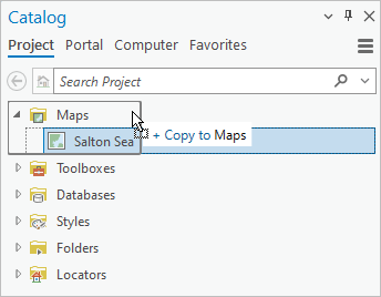 A map copied to the Maps container in the Catalog pane A map copied to the Maps container in the Catalog pane