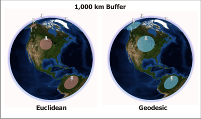 Euclidean and geodesic buffers on a globe Euclidean and geodesic buffers on a globe