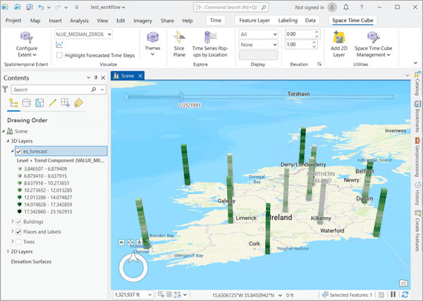 The Level + Trend Component display theme applied to a space-time cube. The Level + Trend Component display theme applied to a space-time cube.