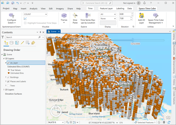 The Estimated Bins display theme applied to a space-time cube. The Estimated Bins display theme applied to a space-time cube.