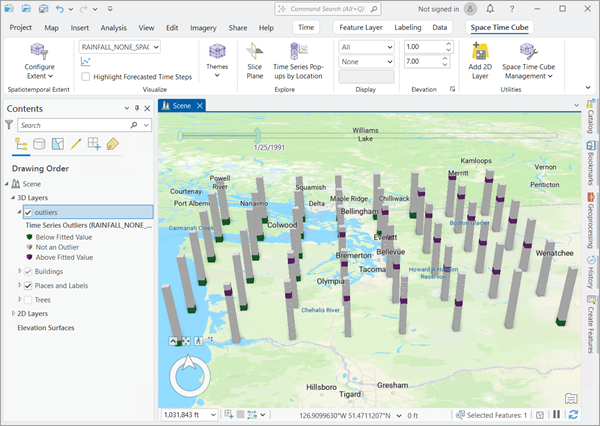 The Time Series Outliers display theme applied to a space-time cube. The Time Series Outliers display theme applied to a space-time cube.