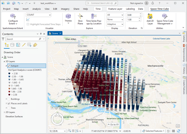 The Hot Spot Z-score display theme applied to a space-time cube. The Hot Spot Z-score display theme applied to a space-time cube.