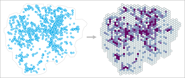 Aggregate point counts into hexagon bins Aggregate point counts into hexagon bins