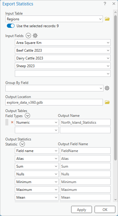 Export Statistics tool with completed settings Export Statistics tool with completed settings