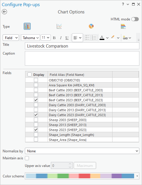 Chart Options in the Configure Pop-ups pane Chart Options in the Configure Pop-ups pane