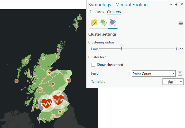 The map with cluster symbols next to the Symbology pane showing the clustering radius setting The map with cluster symbols next to the Symbology pane showing the clustering radius setting