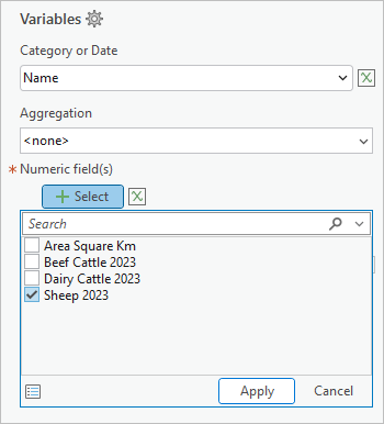 Data tab of the Chart Properties pane with Sheep 2023 field selected Data tab of the Chart Properties pane with Sheep 2023 field selected