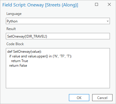 Field Script: Oneway dialog box showing what the script for the Oneway restriction should be for the Along direction