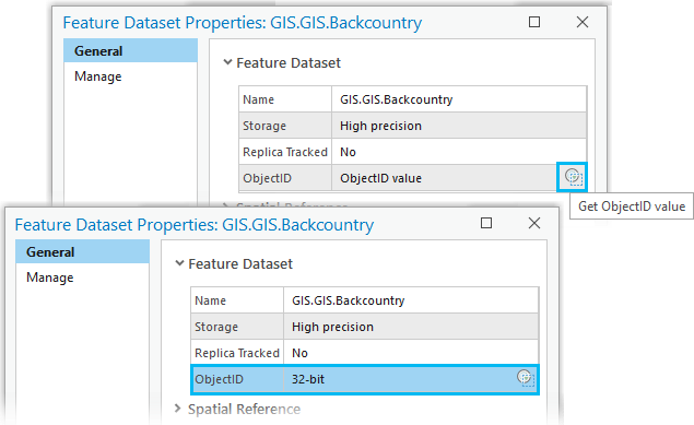 Displays the Get ObjectID value button under the General tab on the Feature Dataset Properties dialog box.