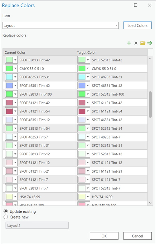 Replace Colors dialog box with a table of current colors and target colors
