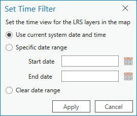 Set Time Filter dialog box, with the Use current system date and time option chosen