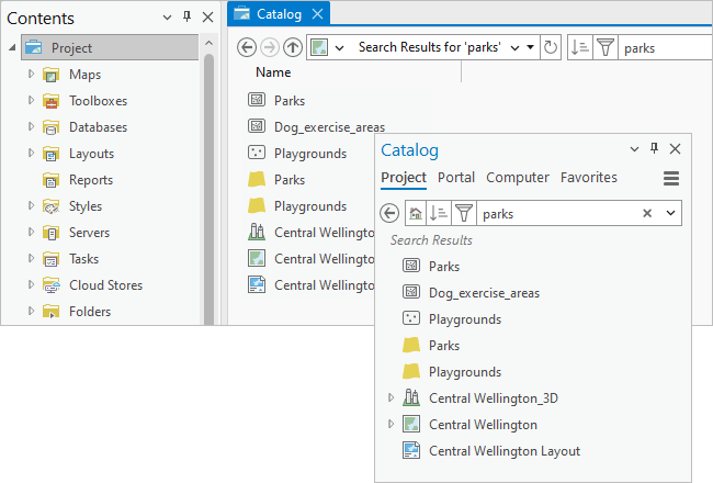 Project searches in a catalog view and the Catalog pane