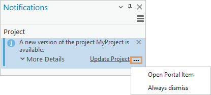 Project update notification in the Notifications pane