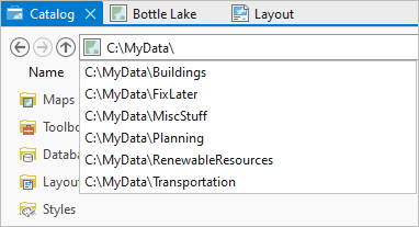 Location bar showing a partial path with a drop-down list of autocomplete options