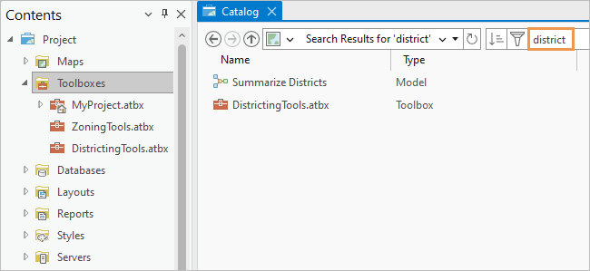 Search results in a catalog view for a search of the Toolboxes container