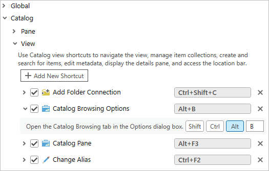 Catalog view shortcuts
