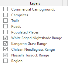 List of map layers available for Invasive Species parameter