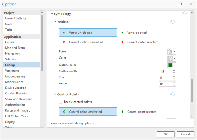 The Editing tab on the Options dialog box in ArcGIS Pro