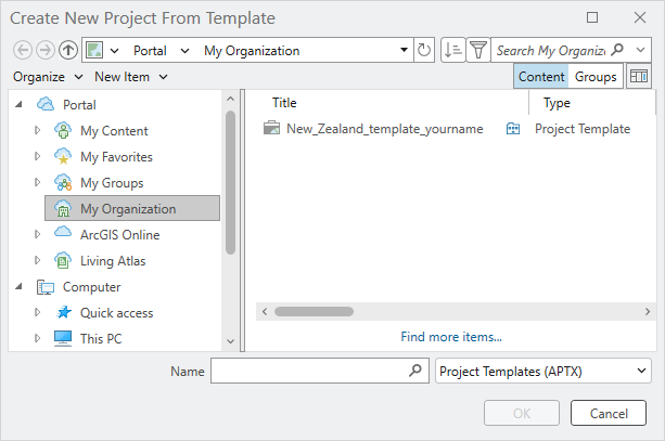 Browse dialog box showing the project template