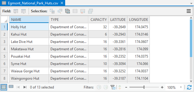 Table view of the .csv file