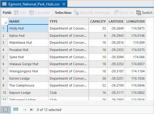 Table view of the .csv file