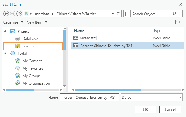 Add Data browse dialog box with Excel sheet selected