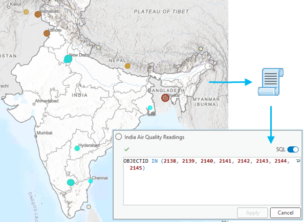 A feature selection on a map is used to generate a definition query.