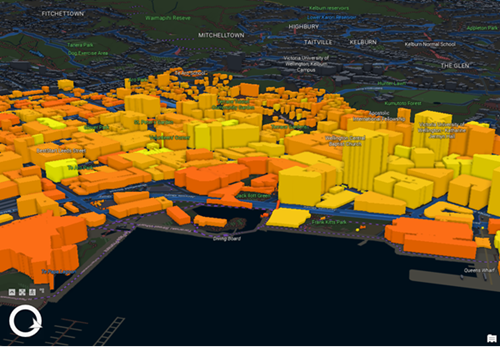 3D view of buildings in central Wellington