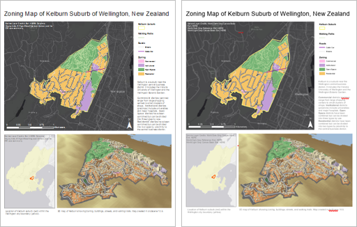 Side-by-side view of the ArcMap and ArcGIS Pro map layouts