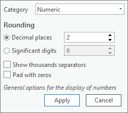Window showing options for the display of numbers