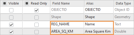 Fields view of the Regions table with aliases applied