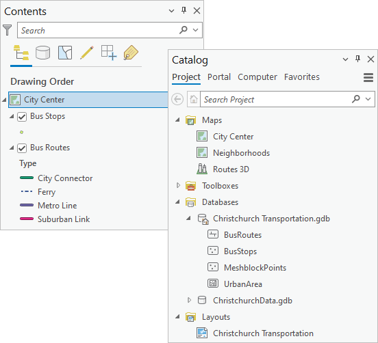 The Contents pane of a map and the Catalog pane
