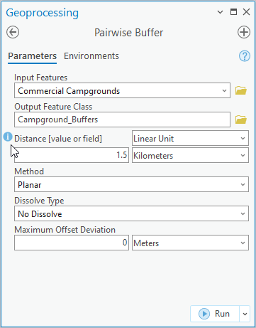 Pairwise Buffer tool parameters
