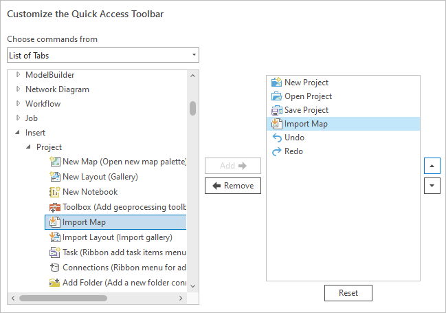 Quick Access Toolbar dialog box with Import Map command selected and added