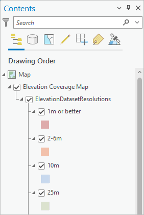 Contents pane with Elevation Coverage Map layer expanded