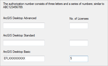 Authorization number for five Concurrent Use licenses for ArcGIS Desktop Basic