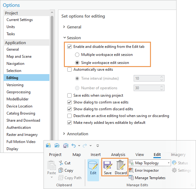 Options dialog box and Edit tab on the ribbon