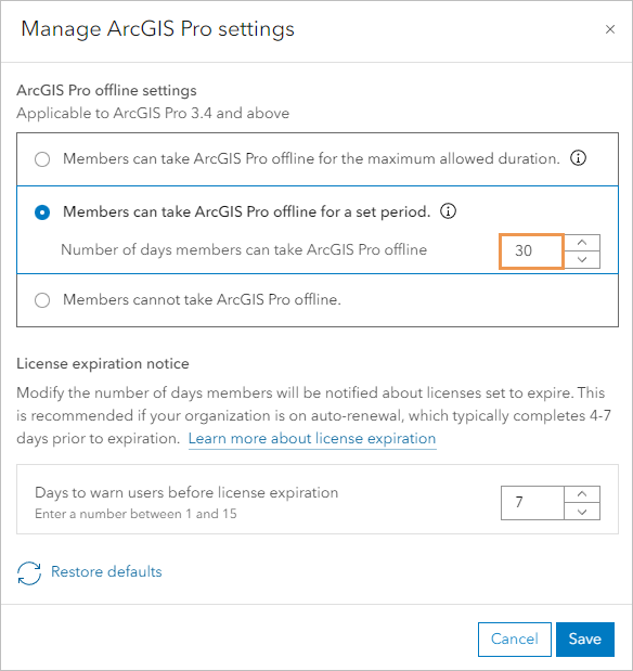 Window with setting to prevent taking ArcGIS Pro offline