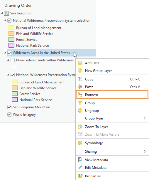 Contents pane and context menu for Wilderness Areas in the United States layer