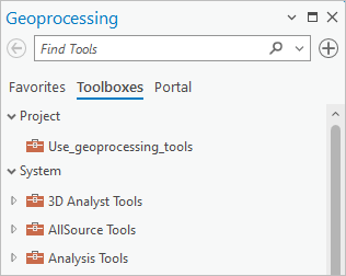 The Geoprocessing pane with Project and System headings